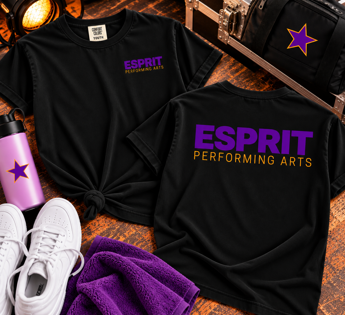 Esprit Performing Arts black logo tee in youth and adult sizing