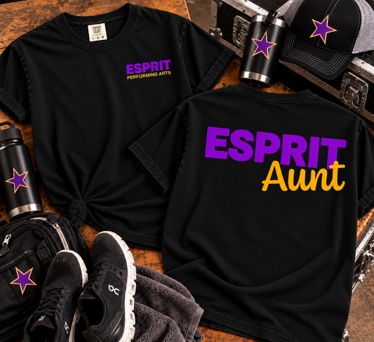 Esprit Performing Arts Aunt black Comfort Colors tee front and back lifestyle mockup