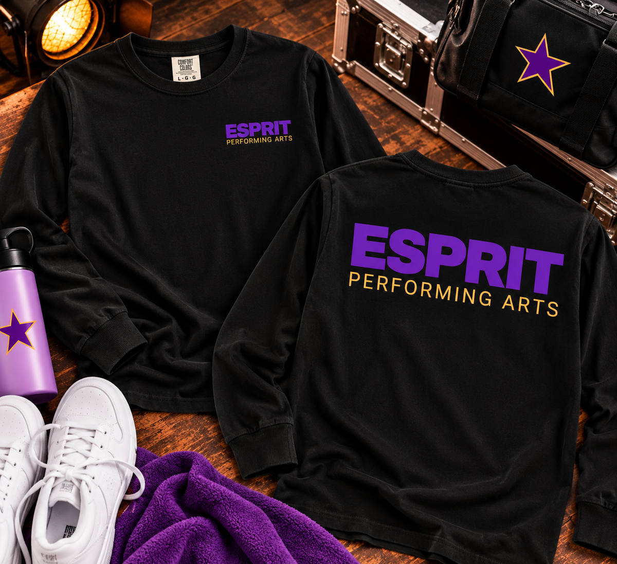 Esprit Performing Arts black Comfort Colors adult long sleeve tee front and back