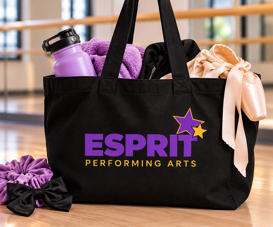 Esprit Performing Arts black dance tote with purple and gold logo