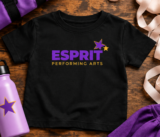 Esprit Performing Arts toddler black tee with front-only purple and gold logo