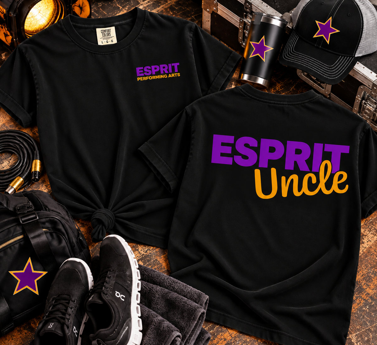 Esprit Performing Arts Uncle black Comfort Colors tee front and back lifestyle mockup
