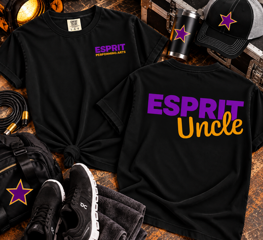 Esprit Performing Arts Uncle black Comfort Colors tee front and back lifestyle mockup